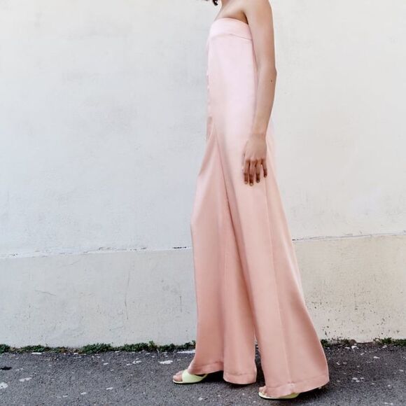ZARA strapless satin effect jumpsuit pale pink - Picture 8 of 11